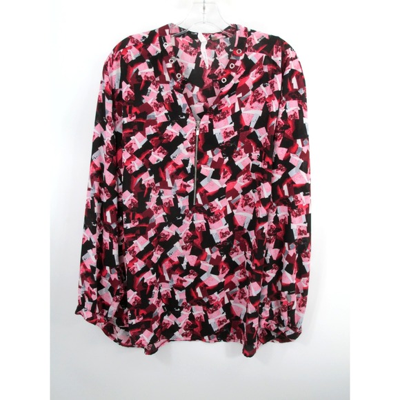 NY Collection Tops - NY Collection Tunic Blouse Womens 3X Plus Pink Black Geometric Zip V-Neck Top